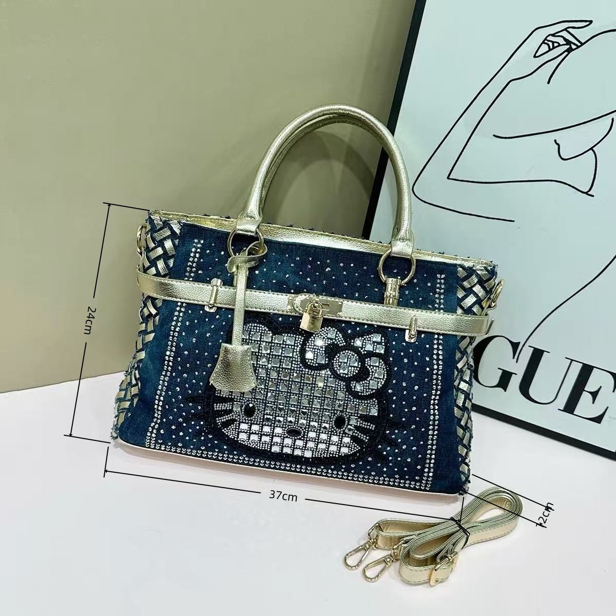 New trendy diamond-encrusted denim hand-held large-capacity shoulder bag