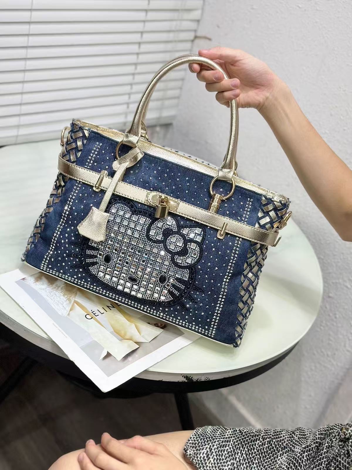 New trendy diamond-encrusted denim hand-held large-capacity shoulder bag