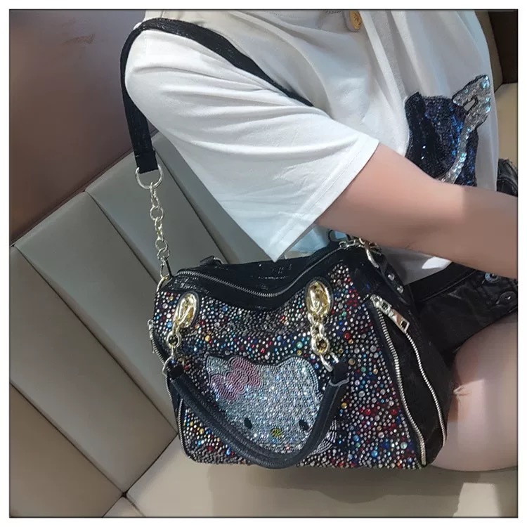 Square high-grade leather diamond-inlaid shoulder bag