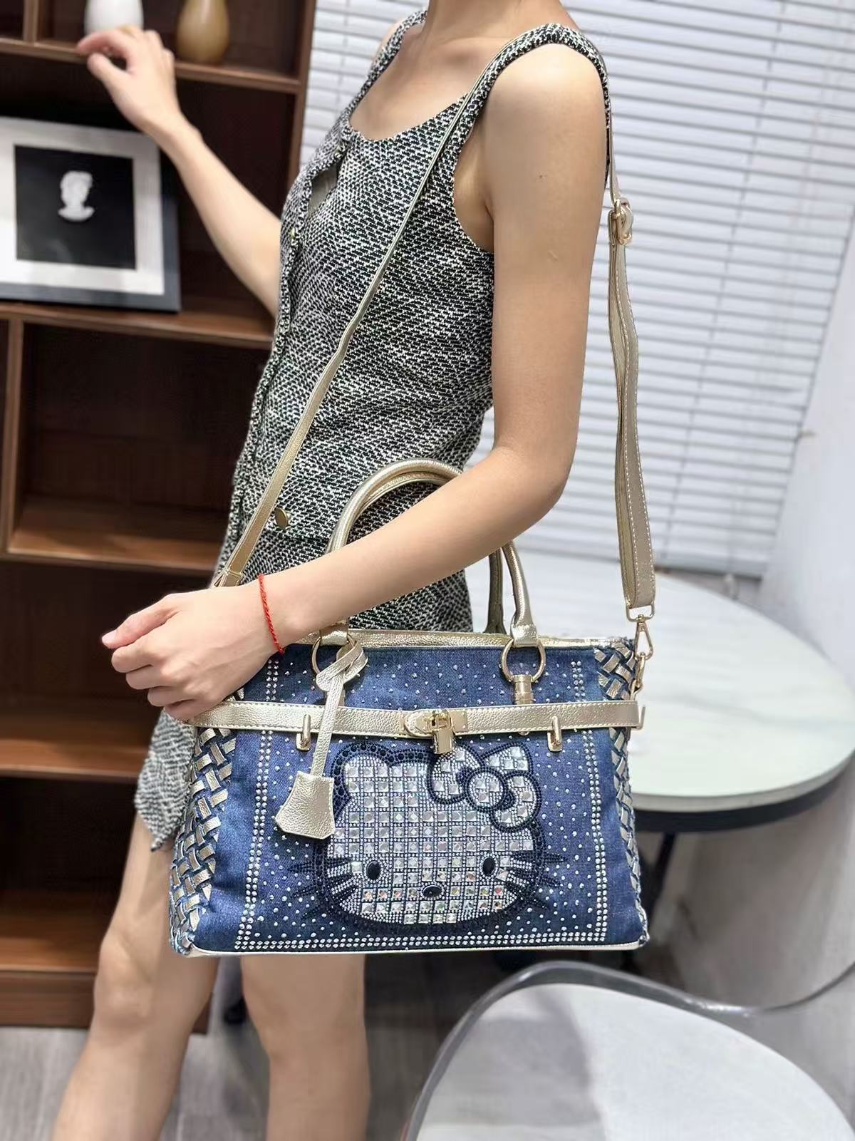 New trendy diamond-encrusted denim hand-held large-capacity shoulder bag