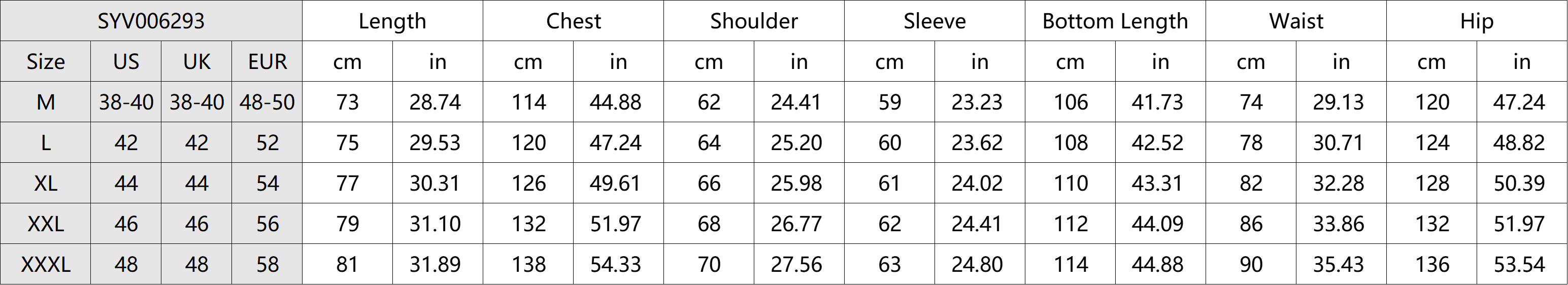 Casual 2-Piece Jacket Sets Size Chart