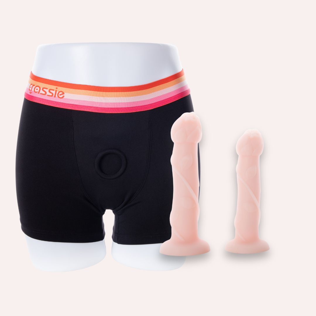 Posable Dildo Rose Pink Strap On Boxer Harness​