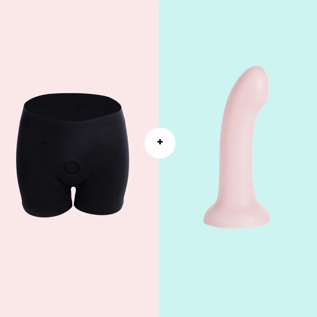 boxer harness and curved dildo
