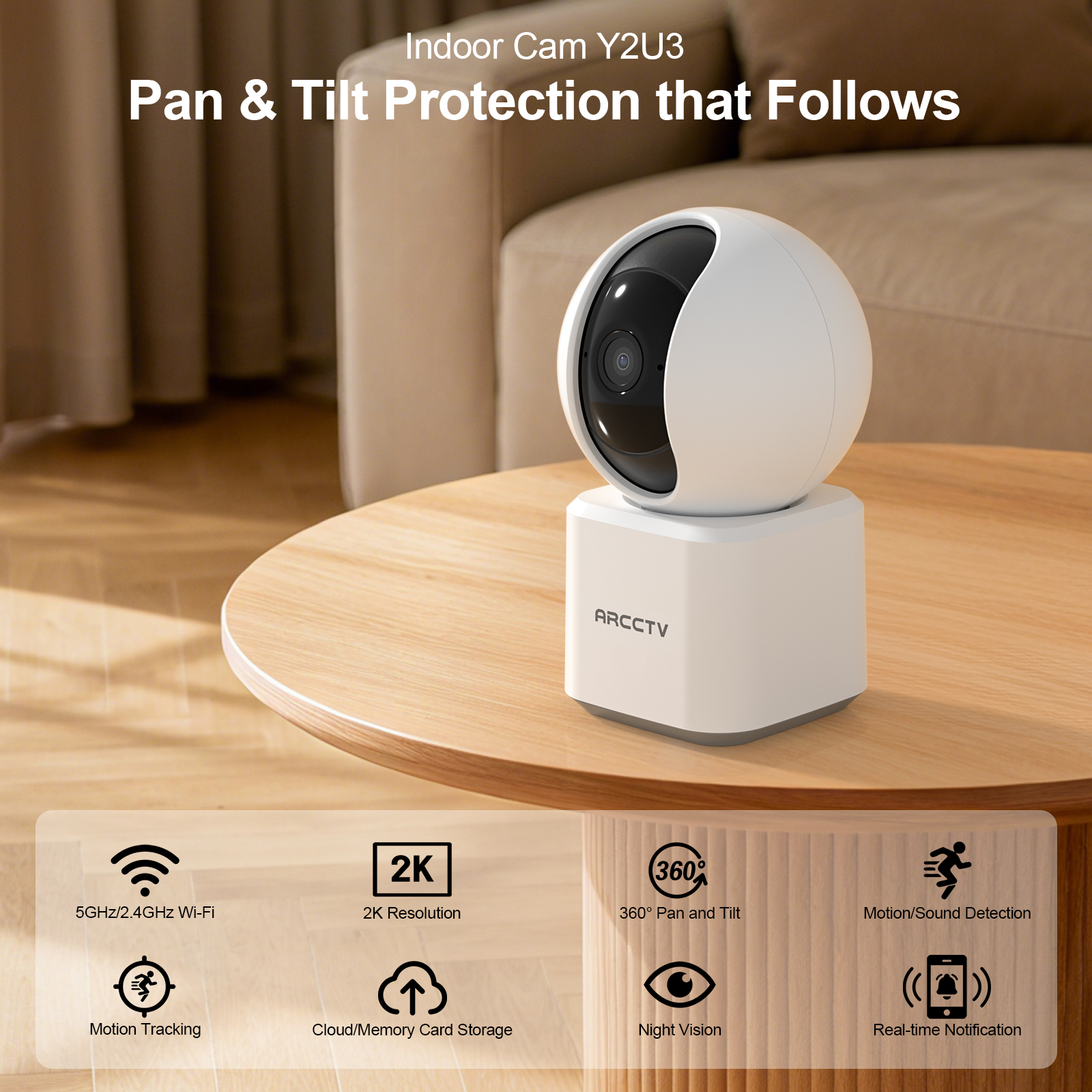 ARCCTV 2K WiFi Baby Monitor Camera HD Two Way Talk IR Night Vision Security PTZ Camera 360° View Auto Tracking