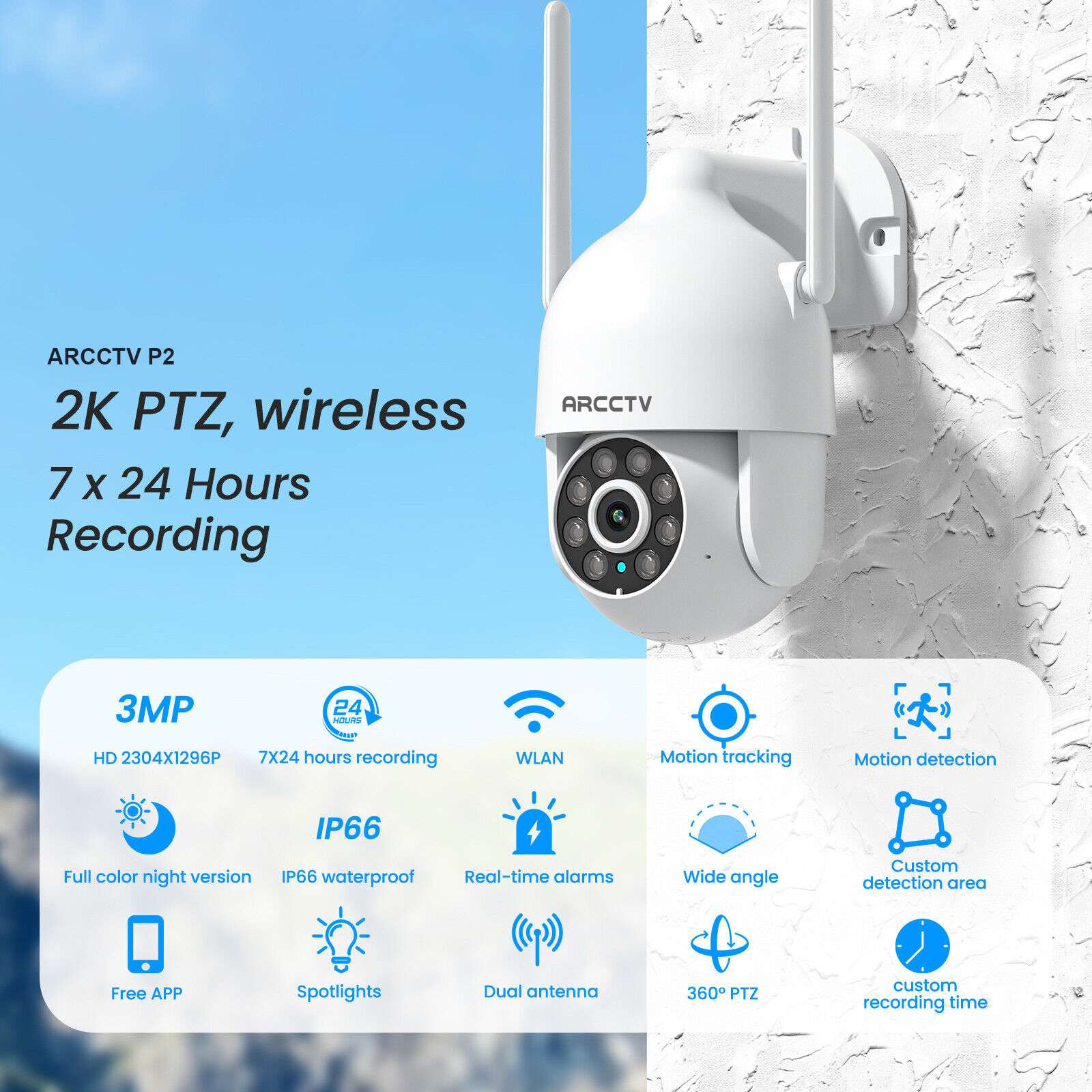 ARCCTV P2 Pro 2K 3MP WiFi PTZ Camera with 360° View