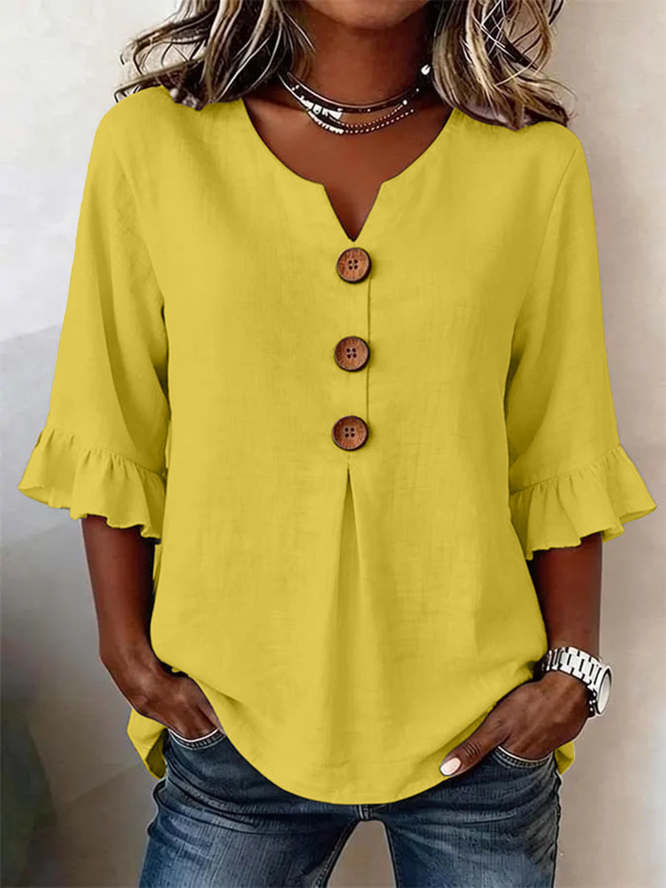 Ruffle-Sleeve Linen Blouse