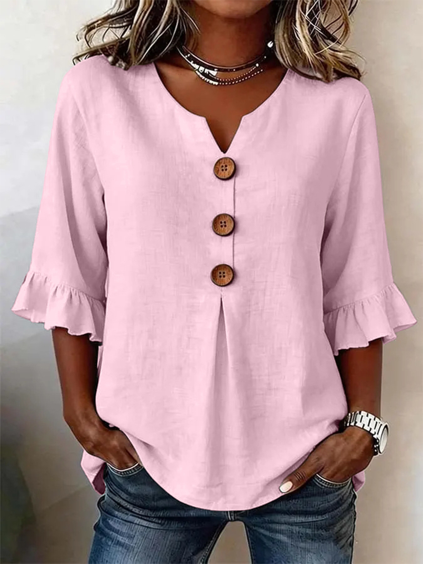 Ruffle-Sleeve Linen Blouse