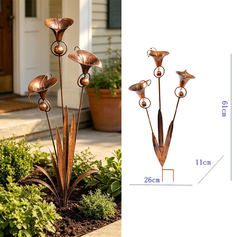 🏡Flamed Copper Three Calla Lilies Garden Stake with Bells