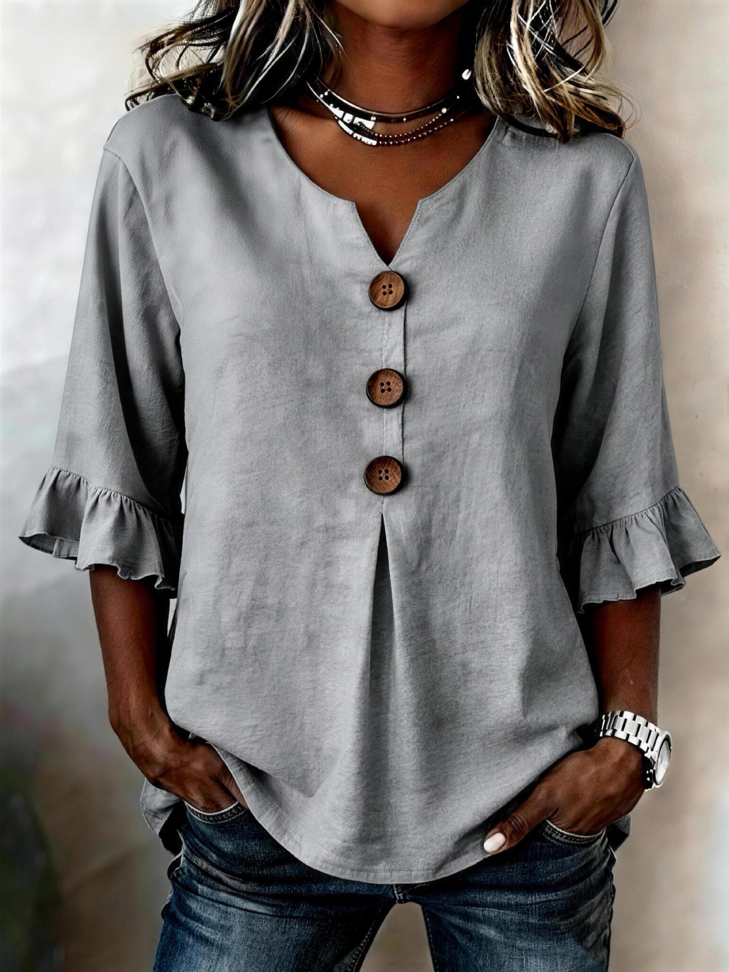 Ruffle-Sleeve Linen Blouse