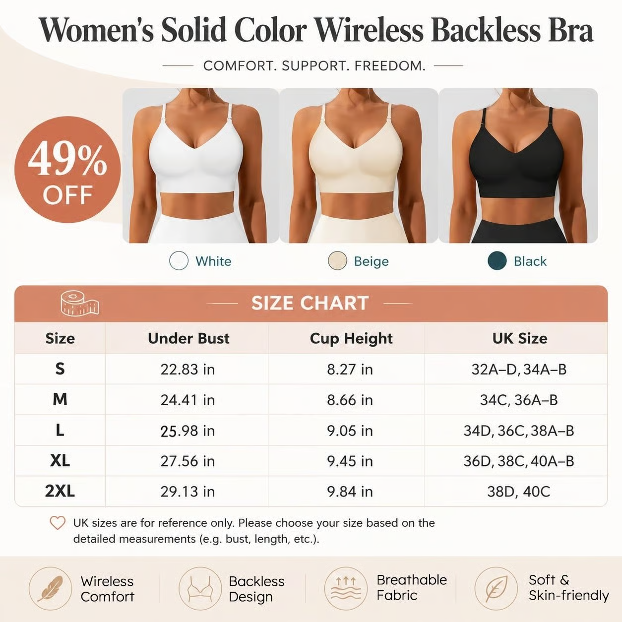 Womens Solid Color Wireless Backless Bra(3 Packs)