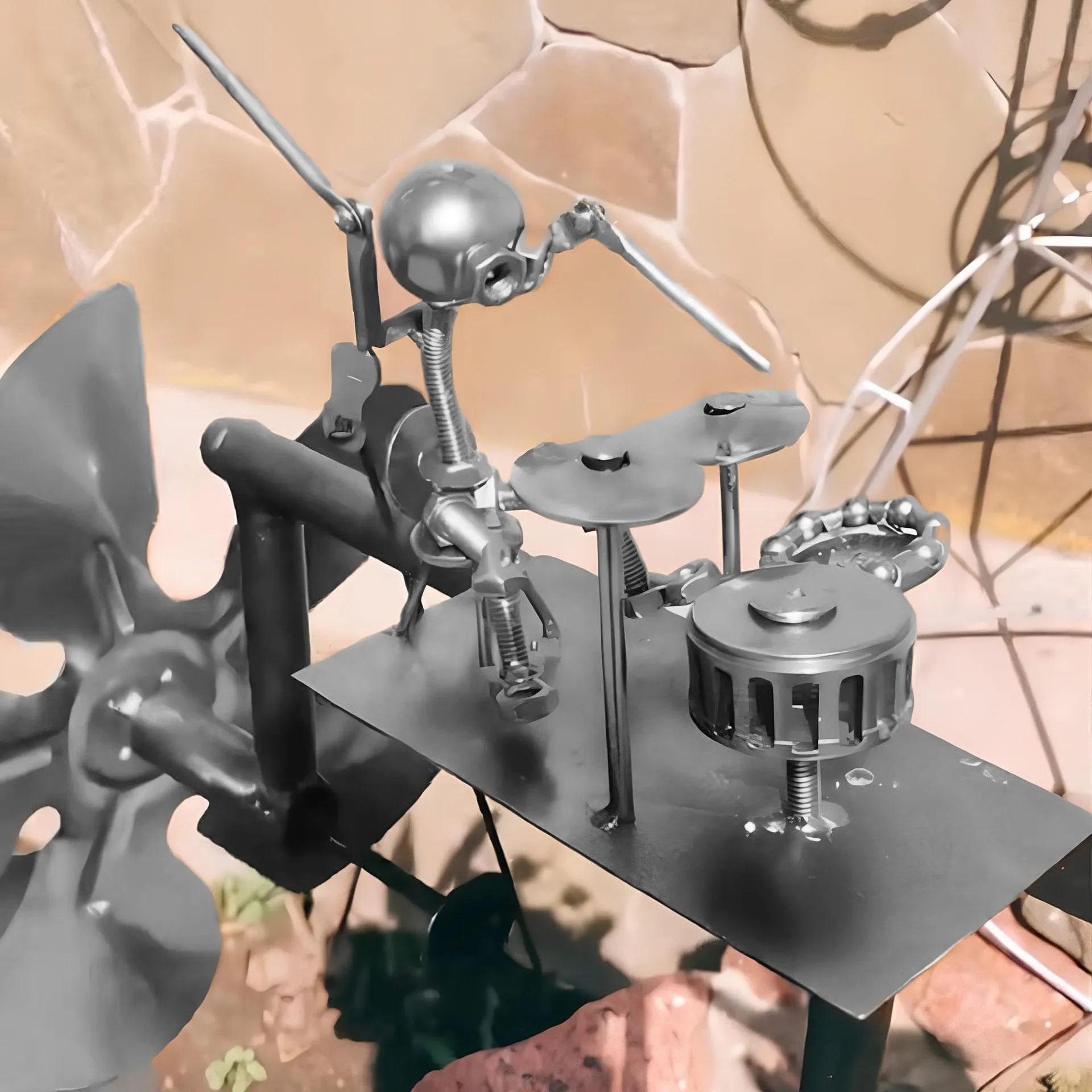 Halloween Skeleton Metal Drummer Kinetic Wind Spinner