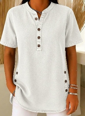 Women's Long Denim Shirt – V-Neck Short-Sleeve Pullover (2026)