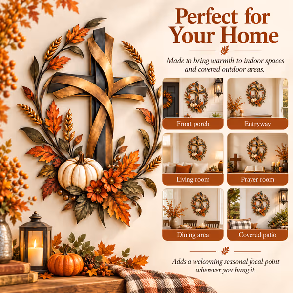 ✝️🍂 Autumn Cross & Pumpkin Harvest Metal Wall Decor