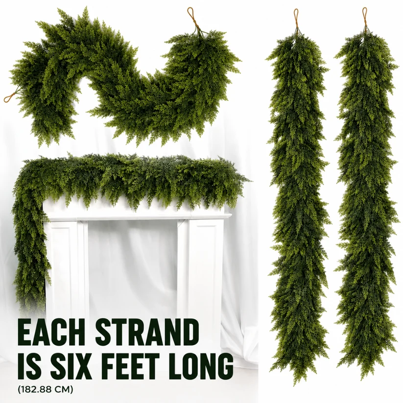 DOMIPLE | Pre-sale 🎅 Christmas Early Discount 49% Off 🎄 6ft Real Touch Artificial Cedar Garland | Lifelike Winter Pine Greenery for Christmas Mantle
