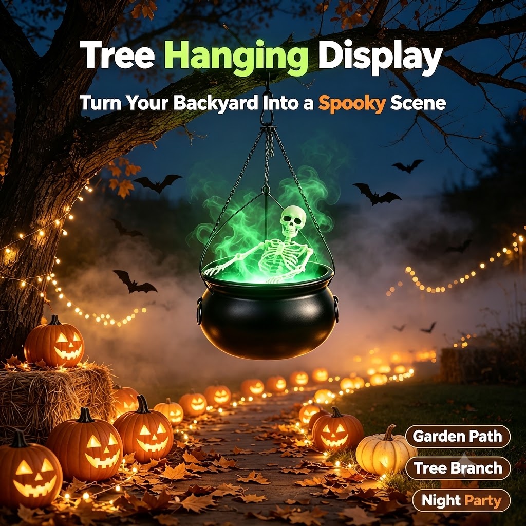 Large Witches Cauldron on Tripod with Cauldron Diffuserr and Big Skeleton