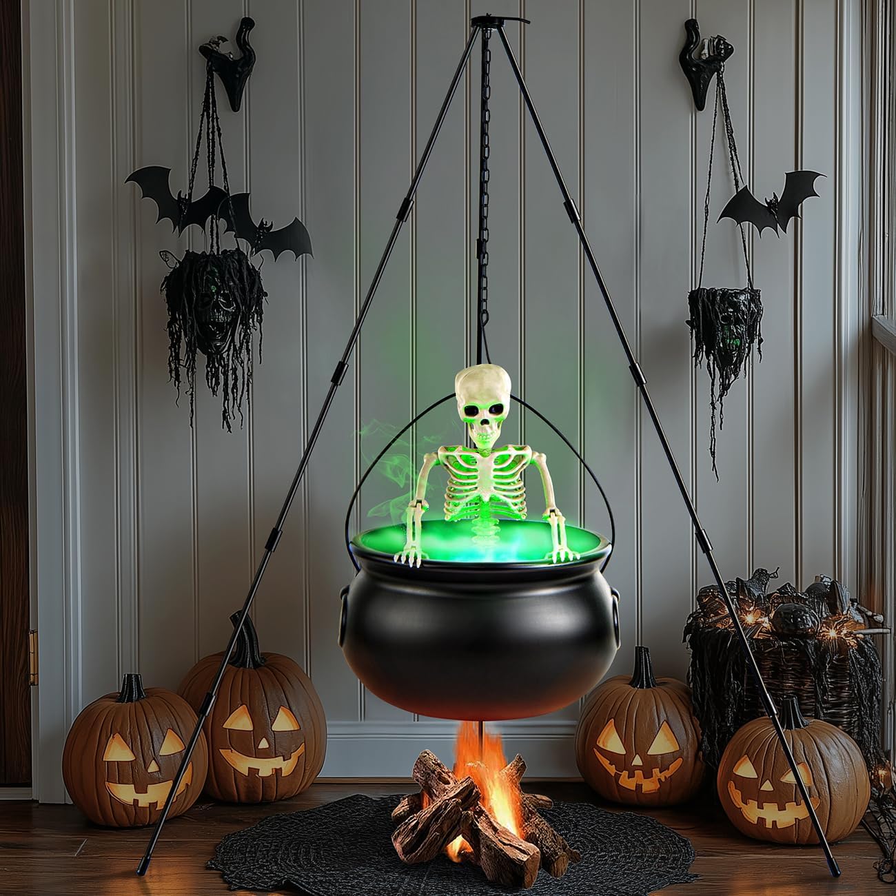 Large Witches Cauldron on Tripod with Cauldron Diffuserr and Big Skeleton