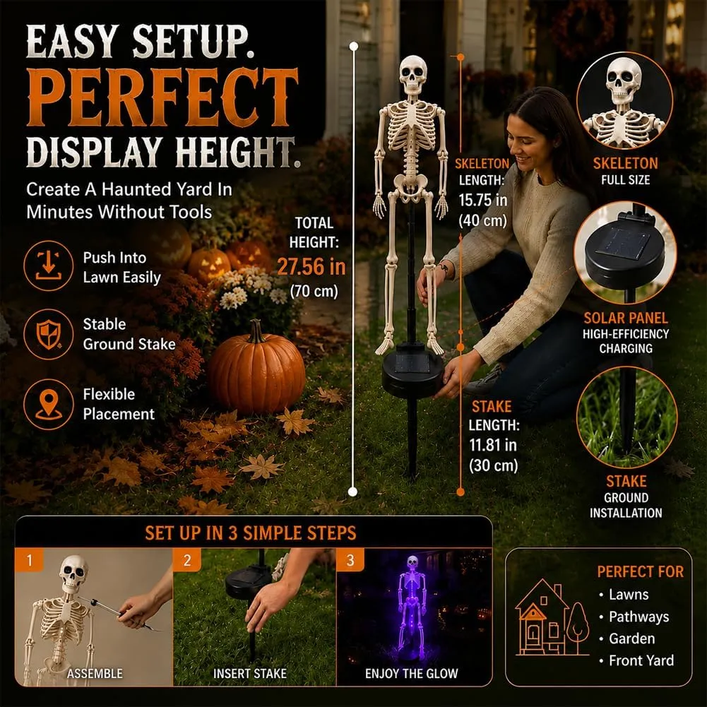 Solar-Powered Skull Garden Stake Light – Halloween Decorative Garden Light (Skeletal Design)