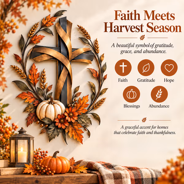 ✝️🍂 Autumn Cross & Pumpkin Harvest Metal Wall Decor