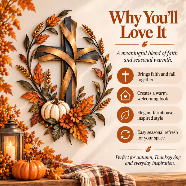 ✝️🍂 Autumn Cross & Pumpkin Harvest Metal Wall Decor