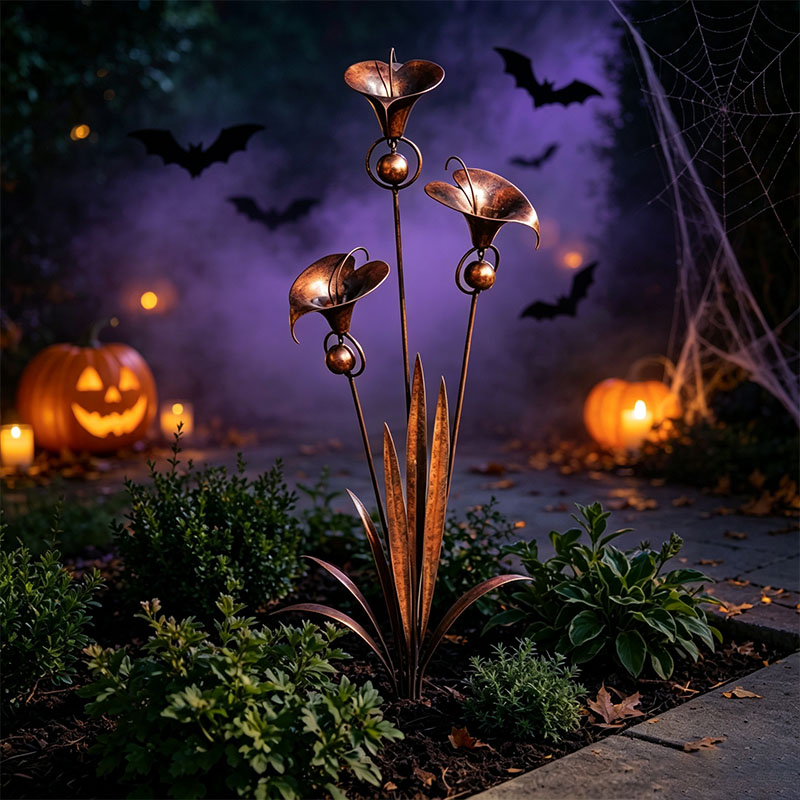 🏡Flamed Copper Three Calla Lilies Garden Stake with Bells