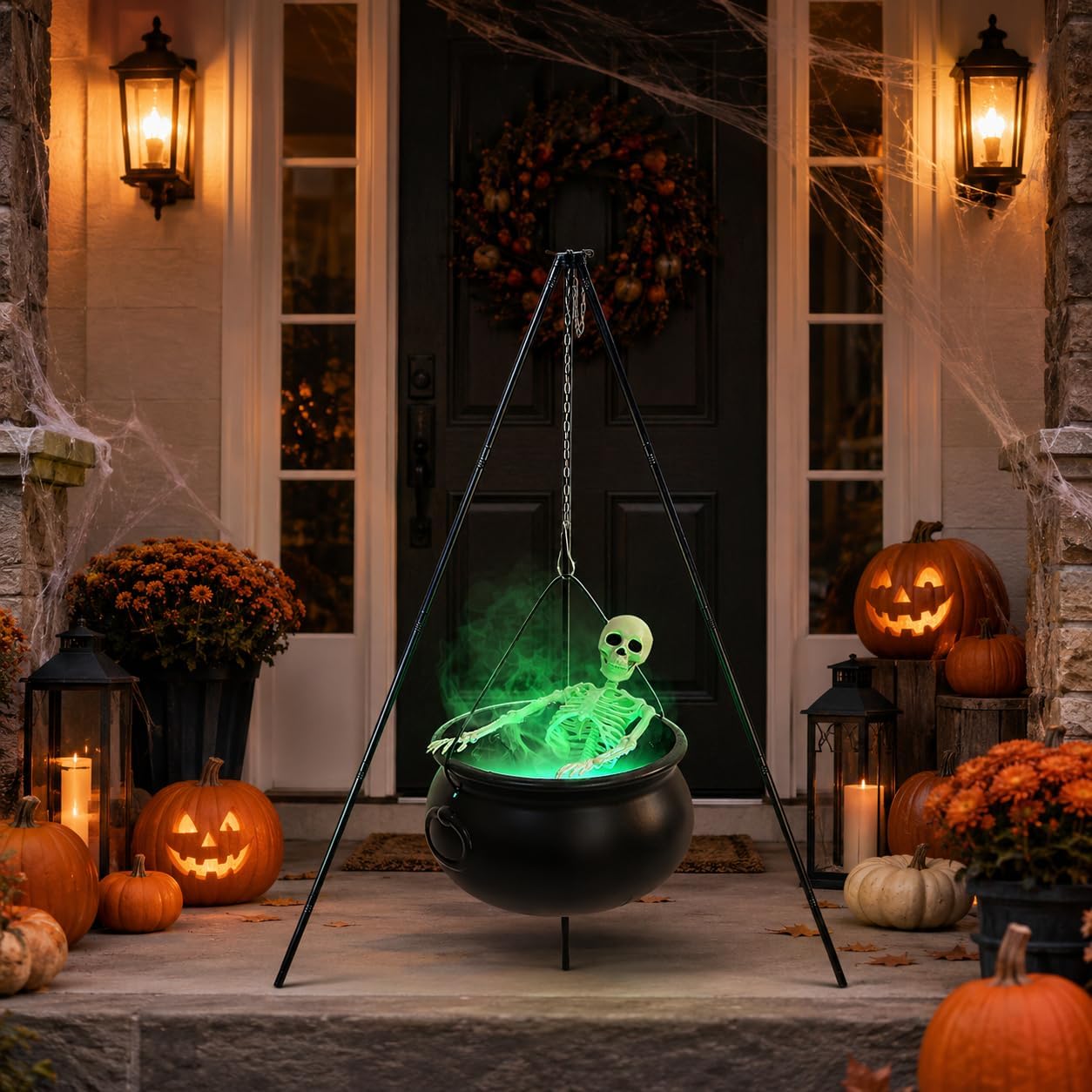 Large Witches Cauldron on Tripod with Cauldron Diffuserr and Big Skeleton
