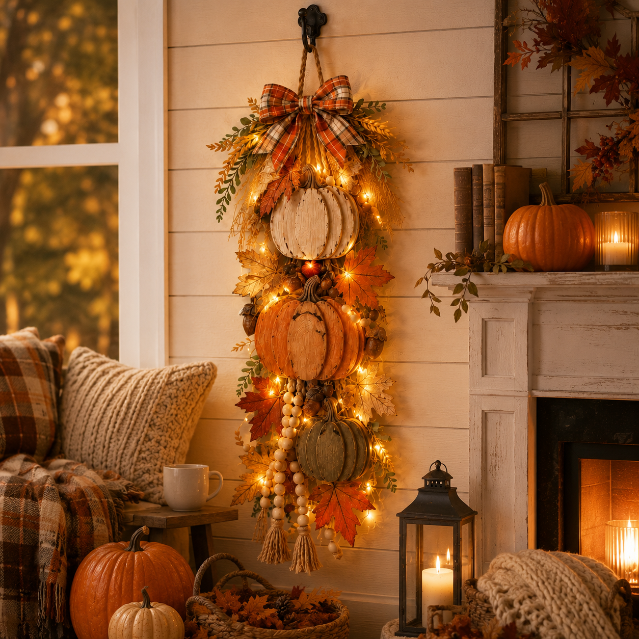 🏡🎃 Rustic Wooden Pumpkin Door Hanging with Warm LED Lights