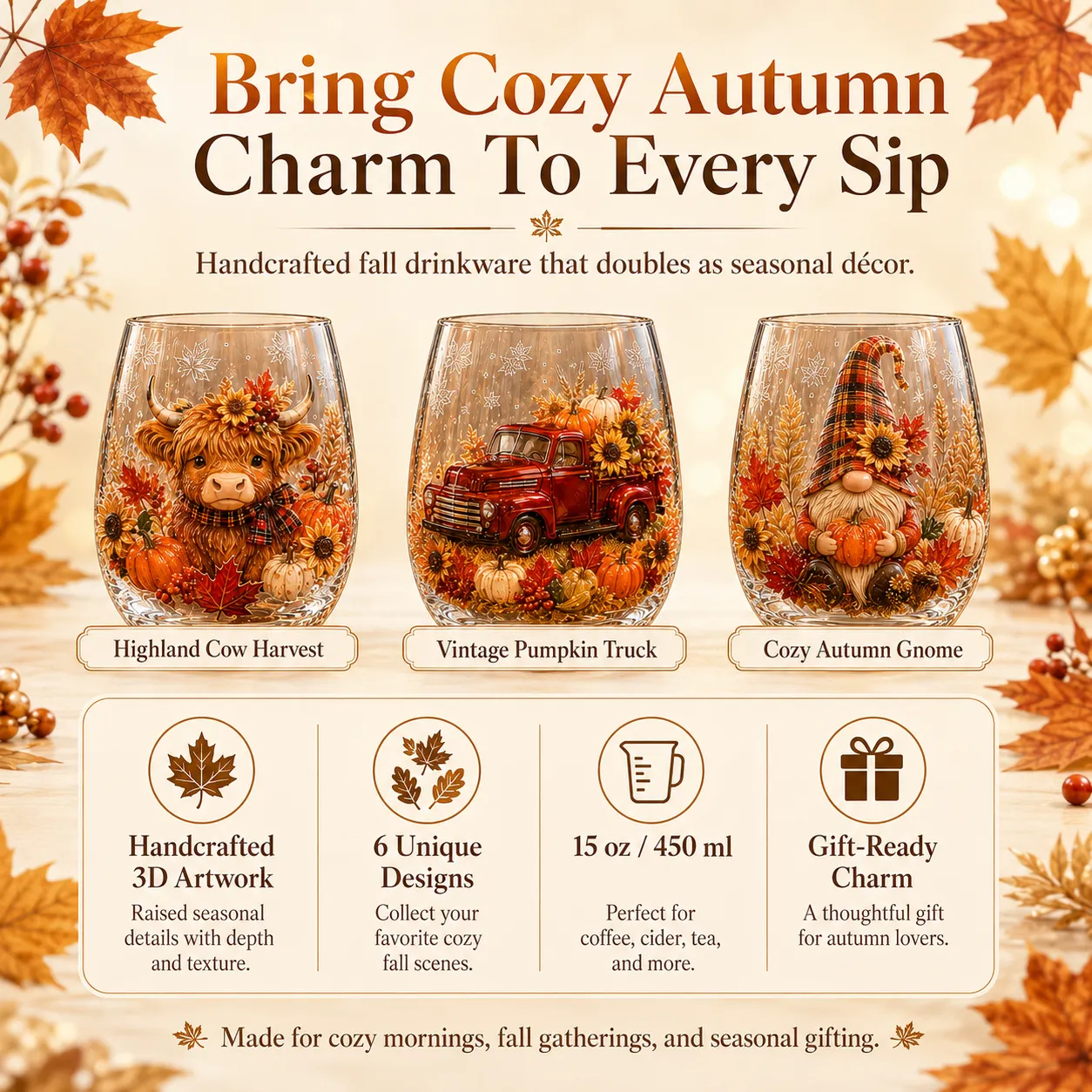 🍂Autumn Harvest 3D Glass Cup Gift Set – 6 Festive Designs