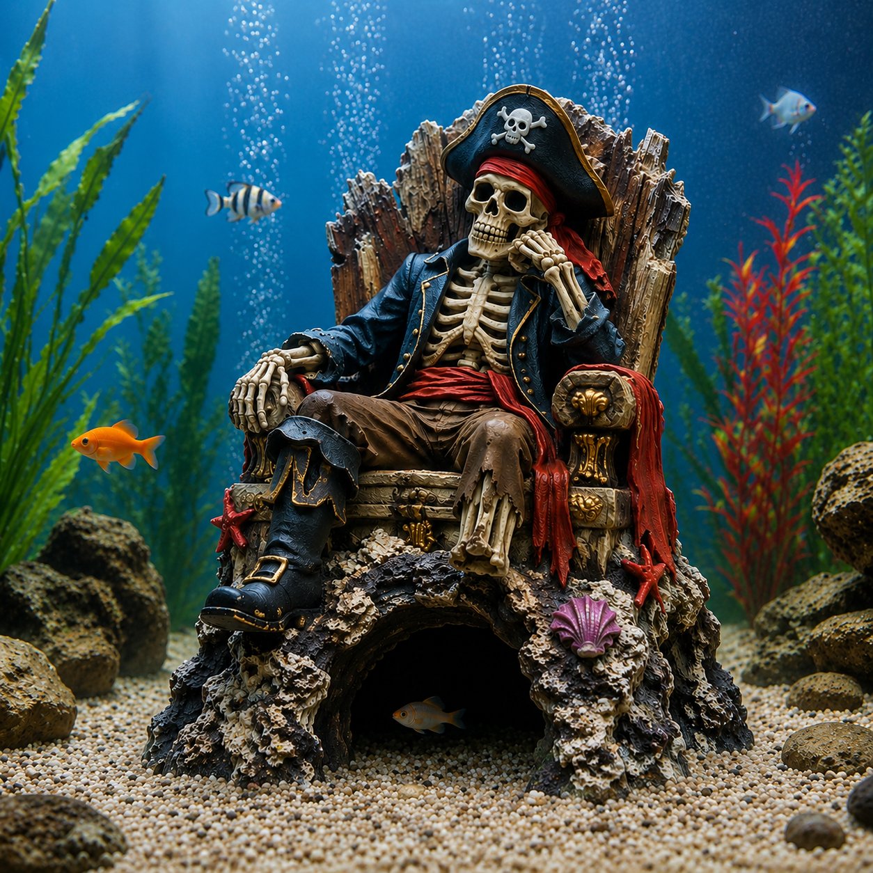 Underwater Pirate Skeleton Throne Aquarium Hideout Cave Decor