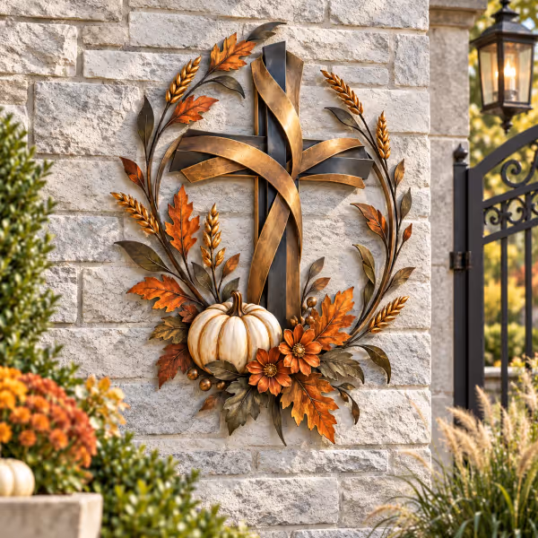✝️🍂 Autumn Cross & Pumpkin Harvest Metal Wall Decor