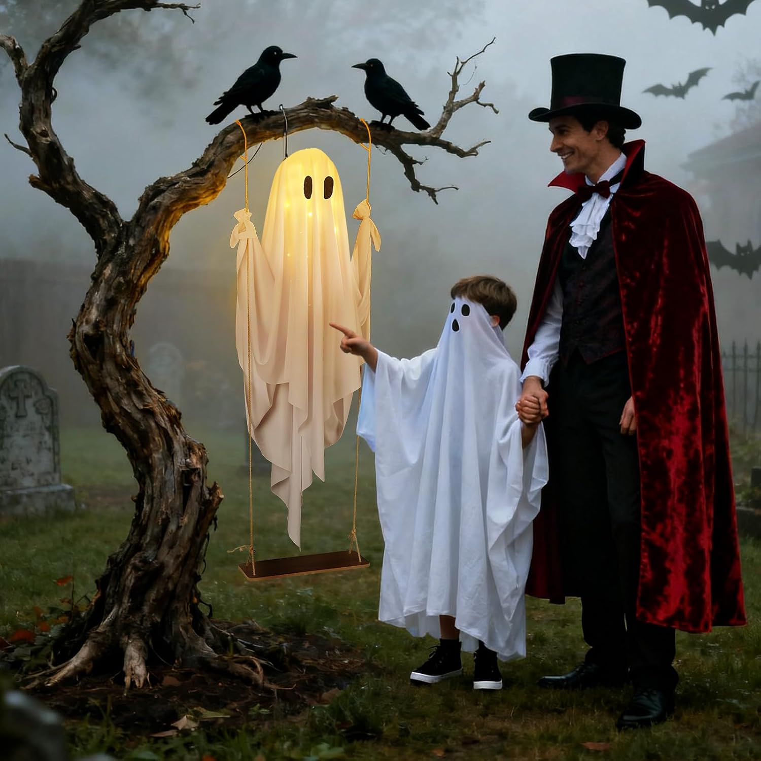 🔥Hanging Swing Ghost Halloween Decor with String Lights