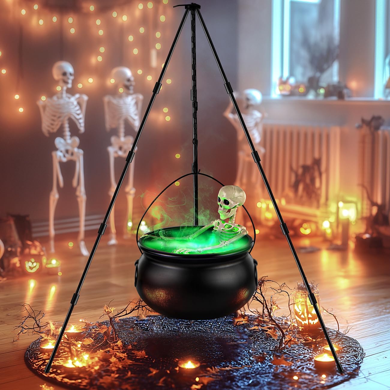 Large Witches Cauldron on Tripod with Cauldron Diffuserr and Big Skeleton