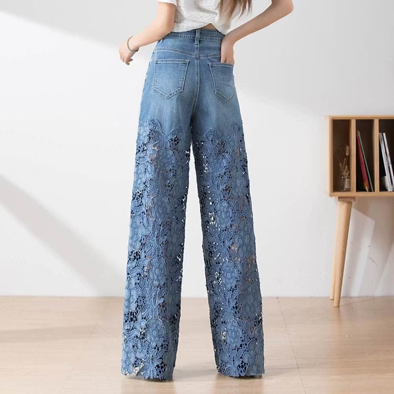 2026 Women's High-Waisted Blue Denim Wide-Leg Pants (Hollow-out Lace Panels)
