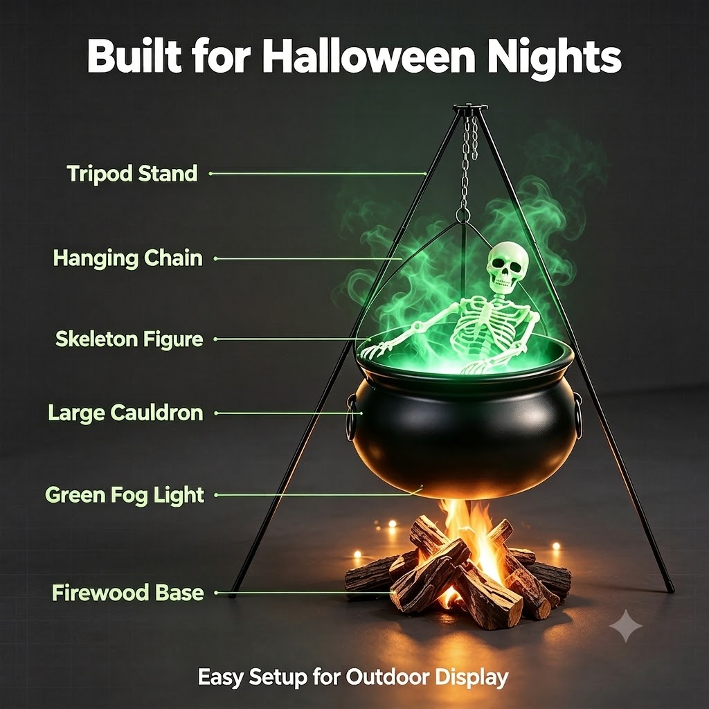 Large Witches Cauldron on Tripod with Cauldron Diffuserr and Big Skeleton