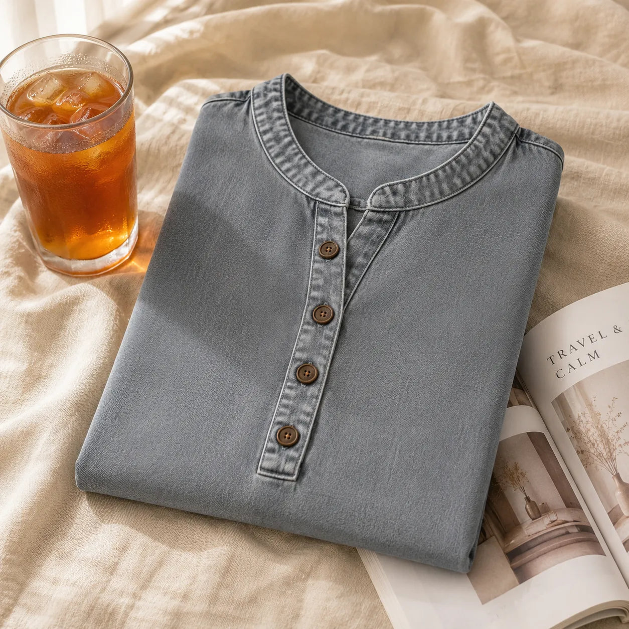 Women's Long Denim Shirt – V-Neck Short-Sleeve Pullover (2026)