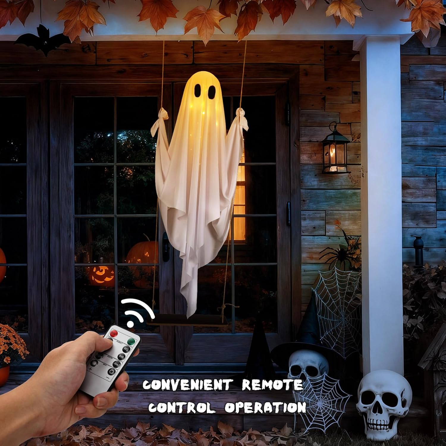 🔥Hanging Swing Ghost Halloween Decor with String Lights
