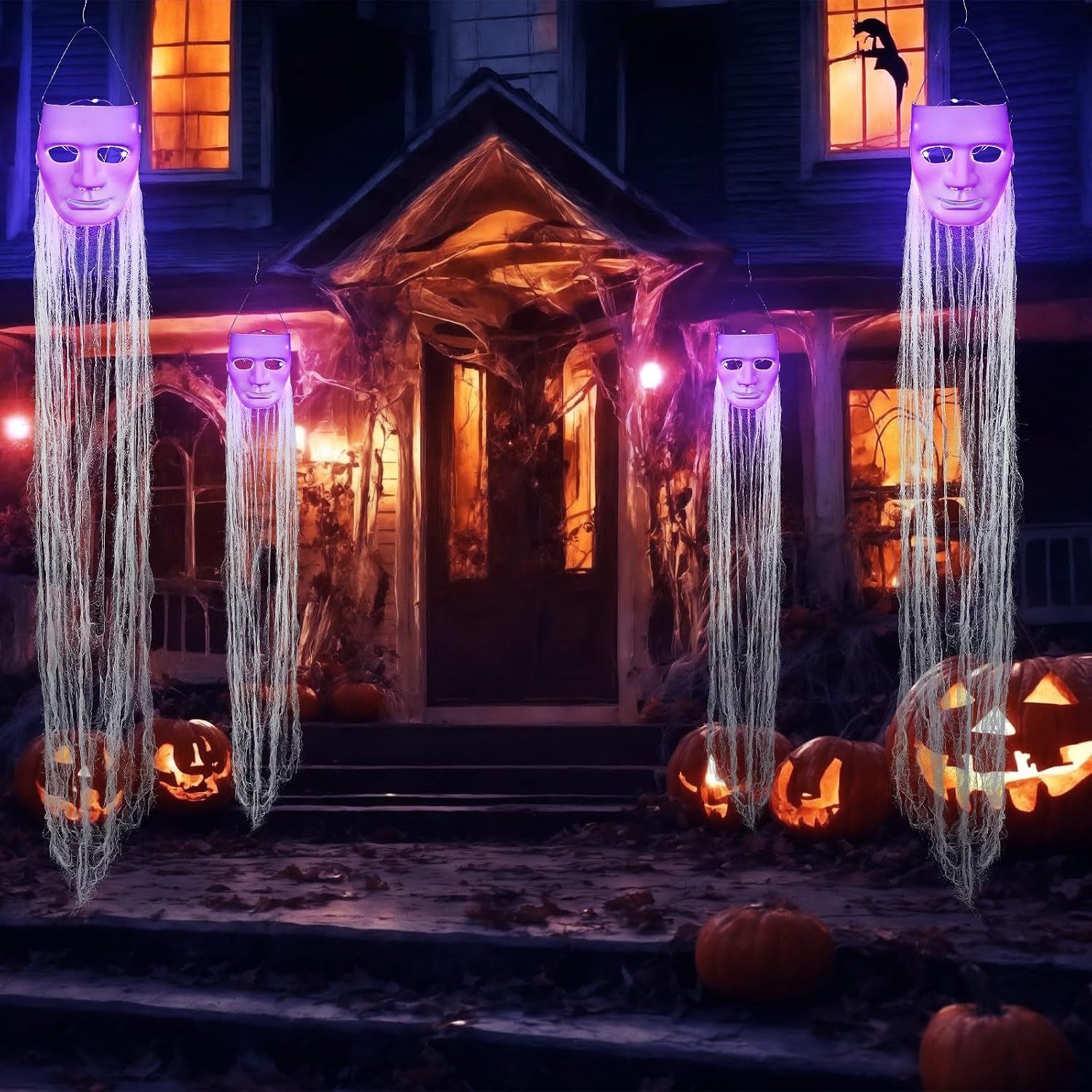 Halloween Decorations Outdoor Hanging Ghost White Masks with Purple LED Lights 