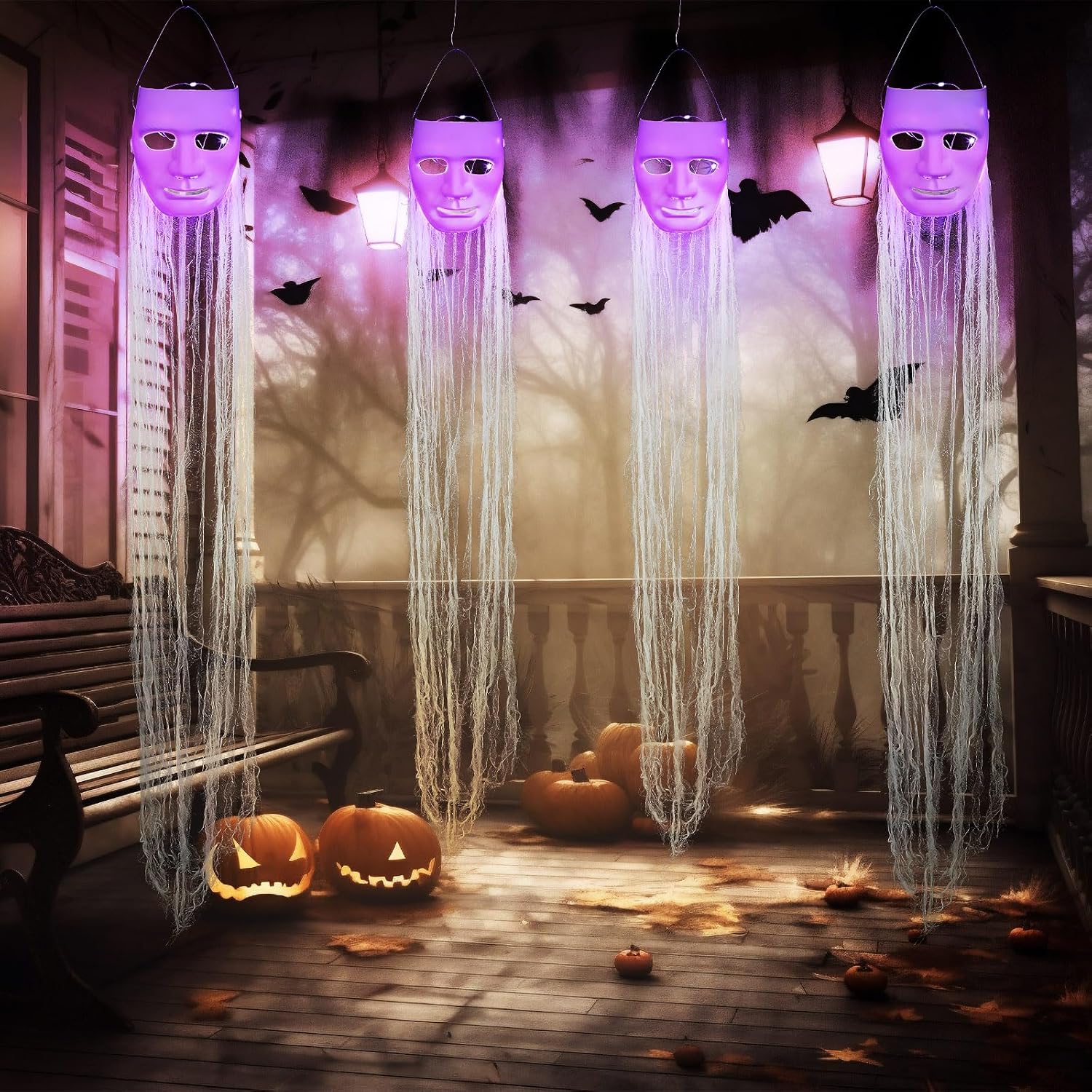 Halloween Decorations Outdoor Hanging Ghost White Masks with Purple LED Lights 