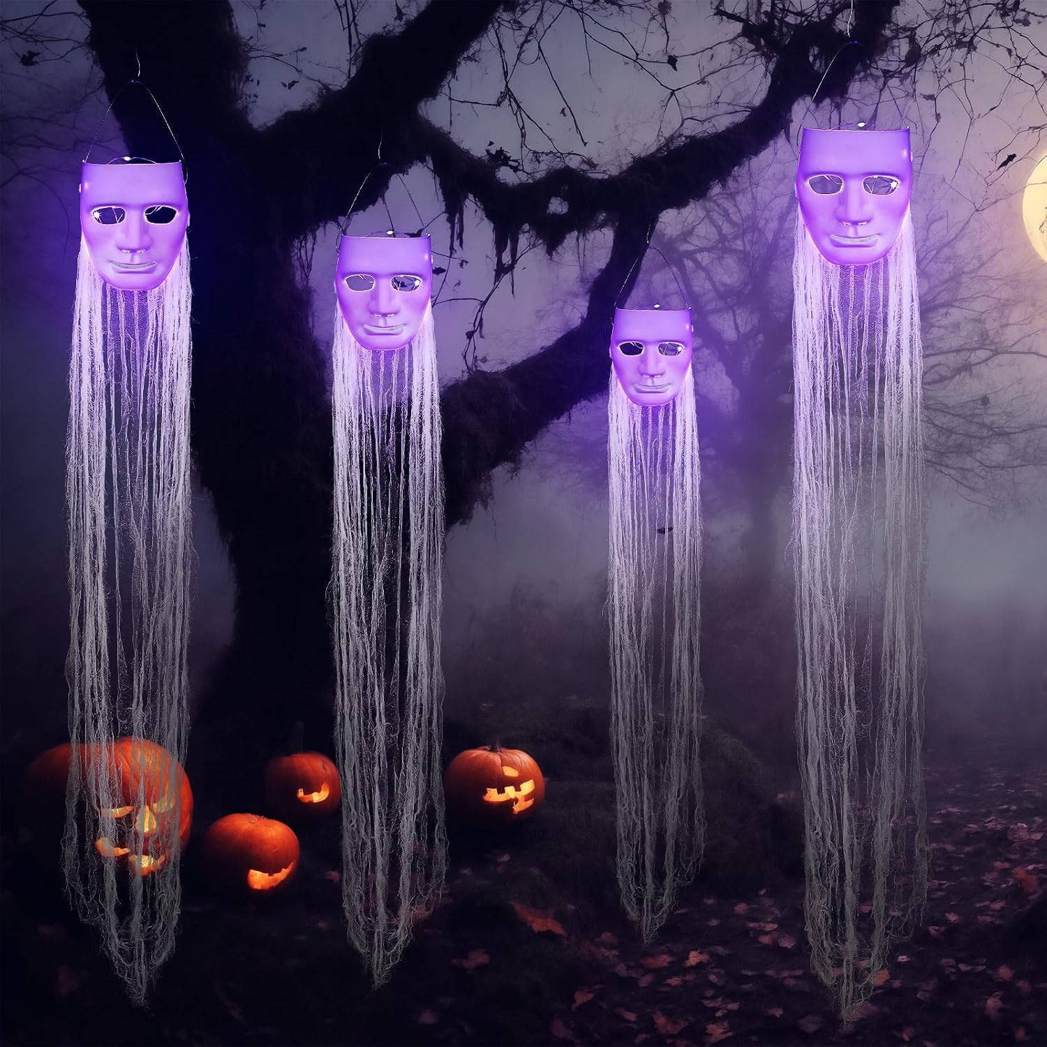 Halloween Decorations Outdoor Hanging Ghost White Masks with Purple LED Lights 