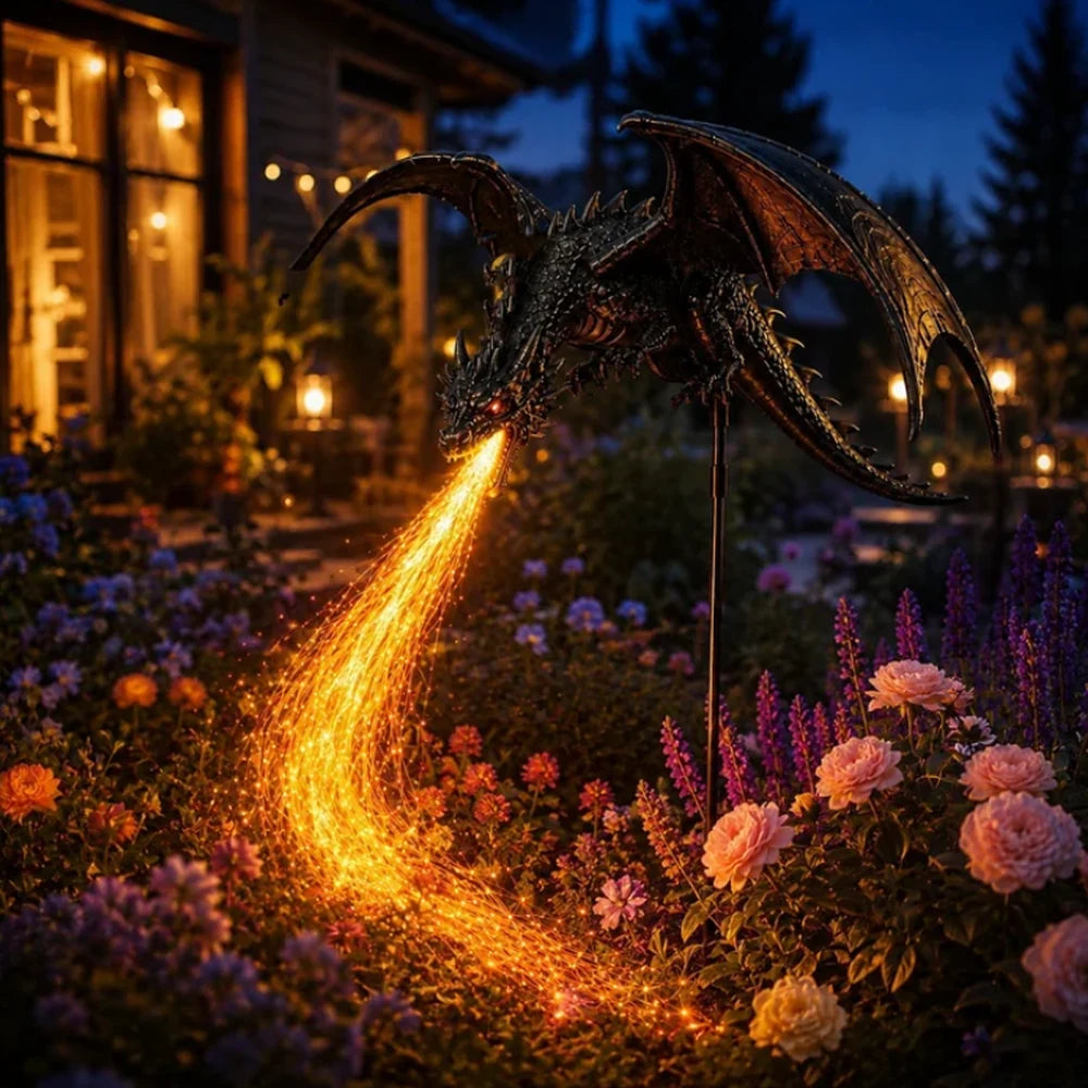 Solar dragon fire garden light glowing in a flower bed at night