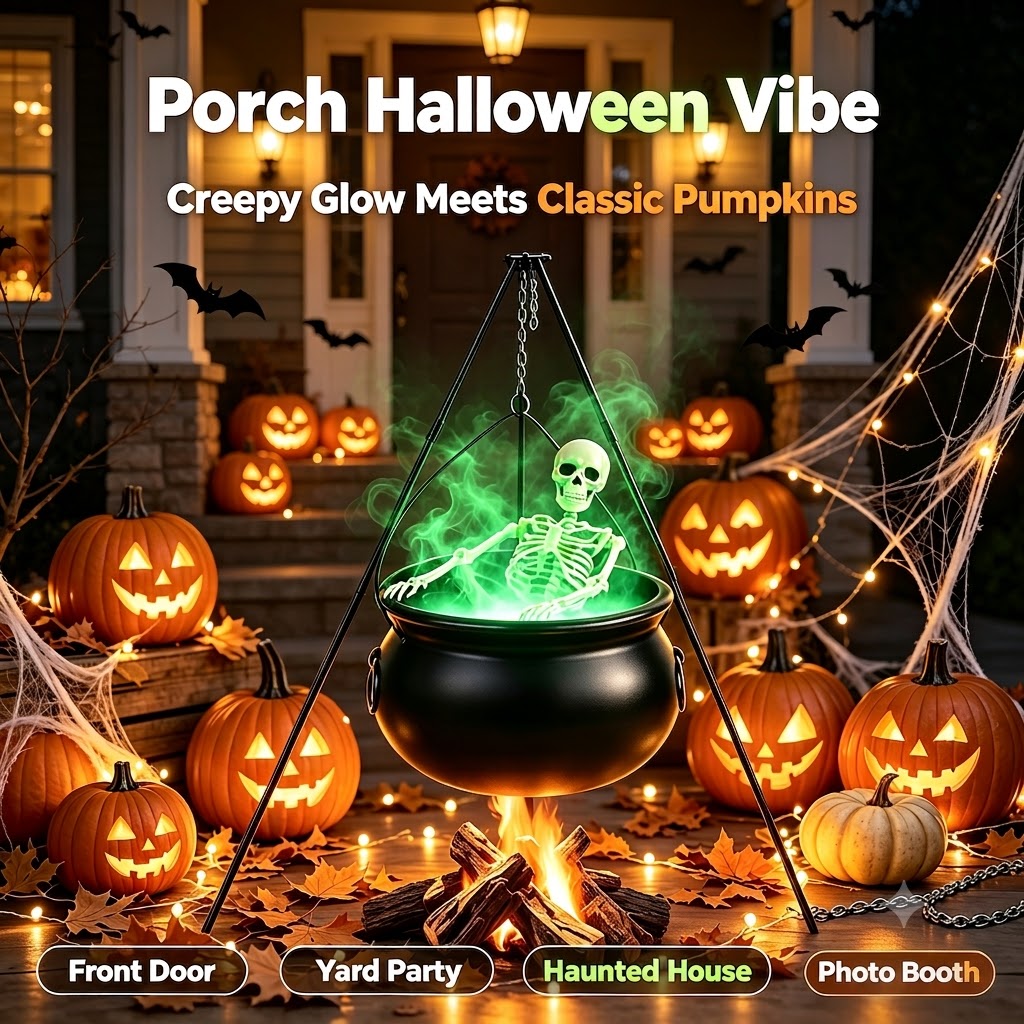 Large Witches Cauldron on Tripod with Cauldron Diffuserr and Big Skeleton