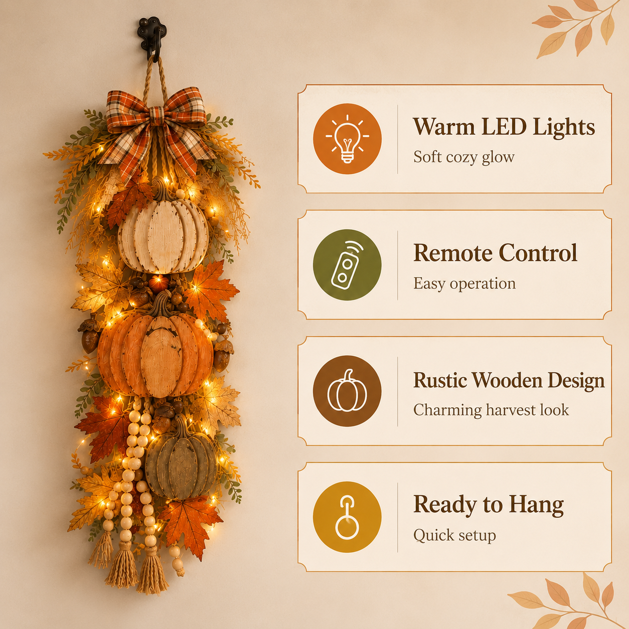 🏡🎃 Rustic Wooden Pumpkin Door Hanging with Warm LED Lights