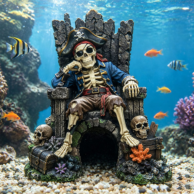 Underwater Pirate Skeleton Throne Aquarium Hideout Cave Decor