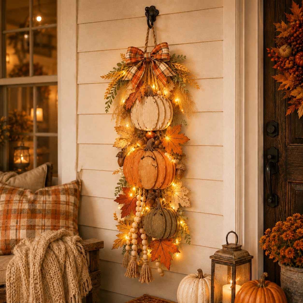 🏡🎃 Rustic Wooden Pumpkin Door Hanging with Warm LED Lights