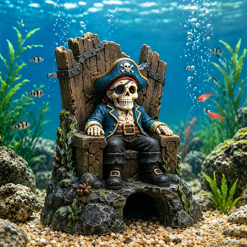 Underwater Pirate Skeleton Throne Aquarium Hideout Cave Decor