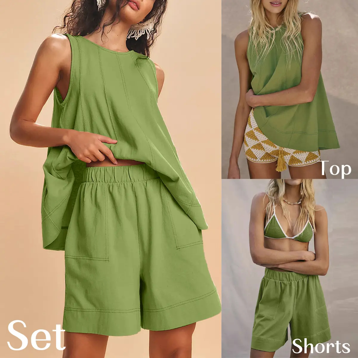 🔥ONLY 50 LEFT🔥Women's Cotton Two Piece Outfit - A-Line Tank & High-Waist Shorts