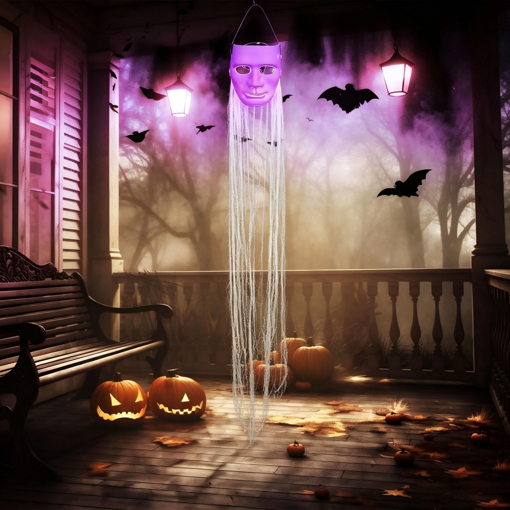 Halloween Decorations Outdoor Hanging Ghost White Masks with Purple LED Lights 