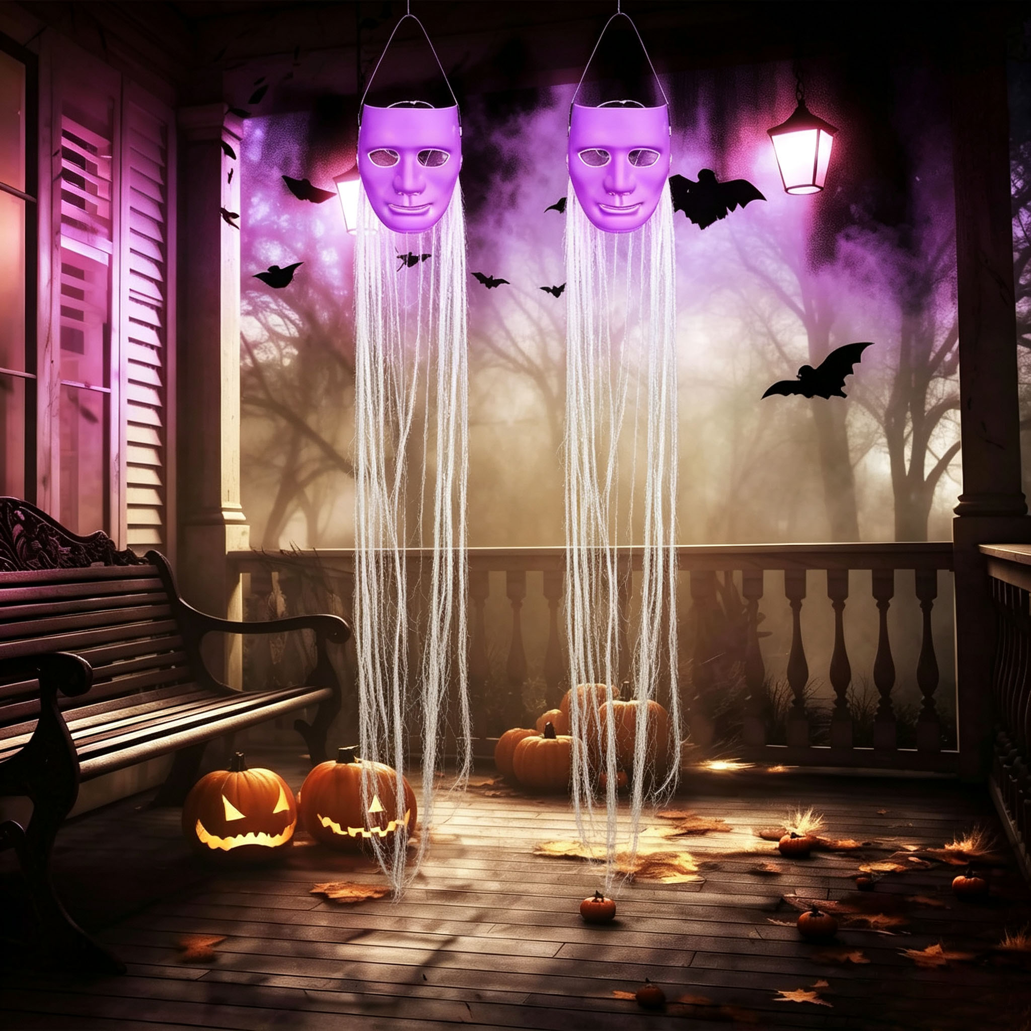 Halloween Decorations Outdoor Hanging Ghost White Masks with Purple LED Lights 
