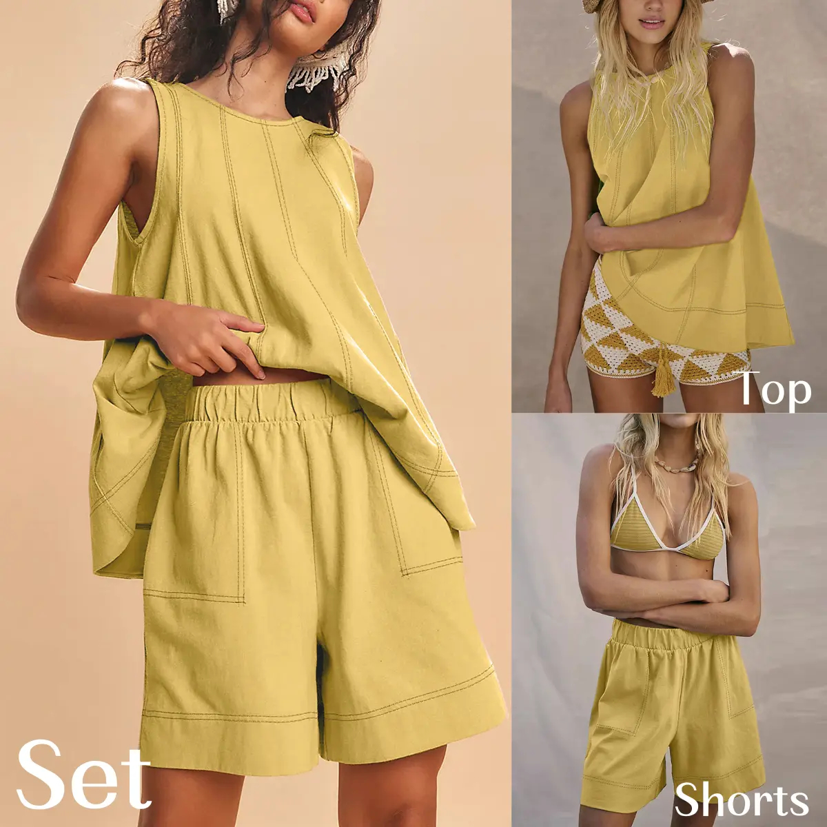 🔥ONLY 50 LEFT🔥Women's Cotton Two Piece Outfit - A-Line Tank & High-Waist Shorts