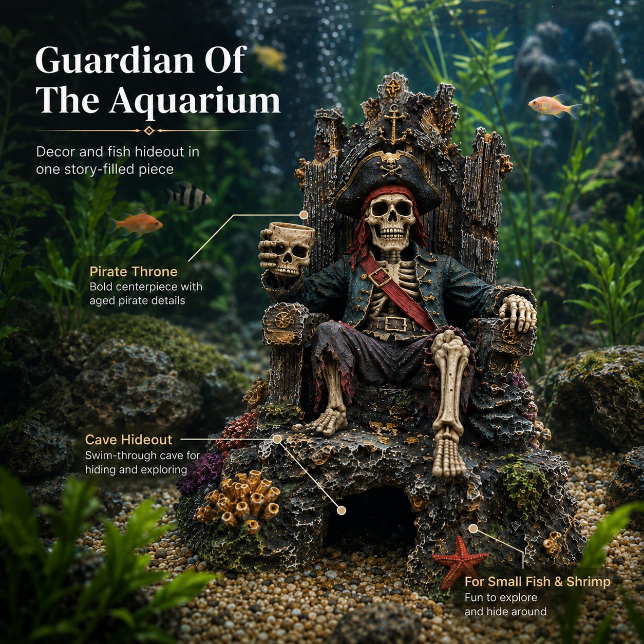 Underwater Pirate Skeleton Throne Aquarium Hideout Cave Decor