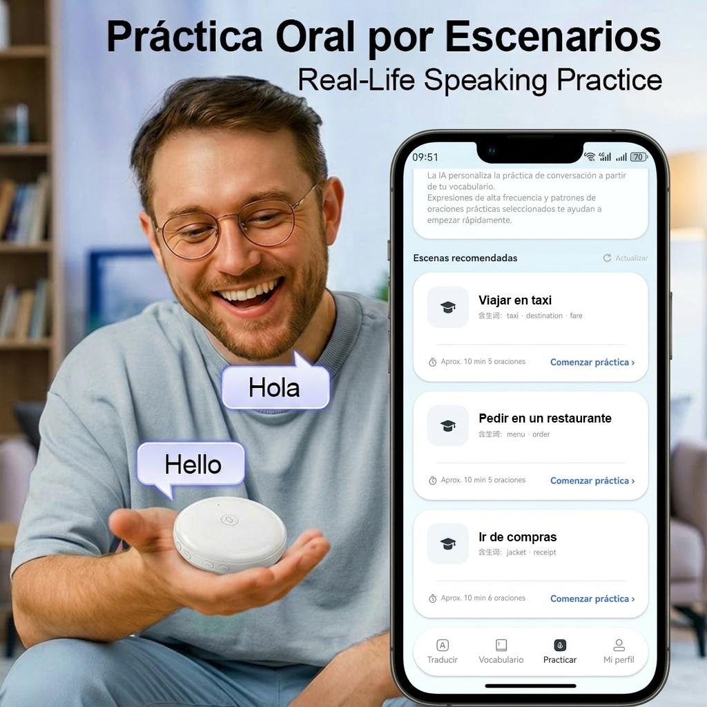 Bluetooth Language Translator Tutor - Spanish & English Practice Companion, 165-Language Support, Accent Assistance for Restaurant Scenarios, Accents, 165 Languages